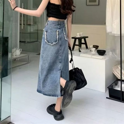 Washed Denim High-Rise Midi Skirt