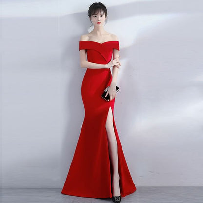 Plain Gown Mermaid Side-Slit Off-Shoulder Evening