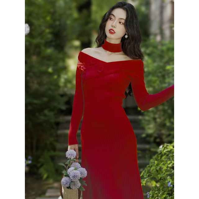 Set: Long-Sleeve Off-Shoulder Plain Flower Accent Midi Knit Sheath Dress + Choker