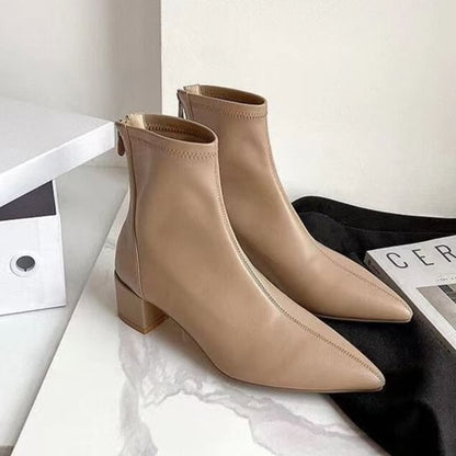 Pointy Chunky Heel Short Boots