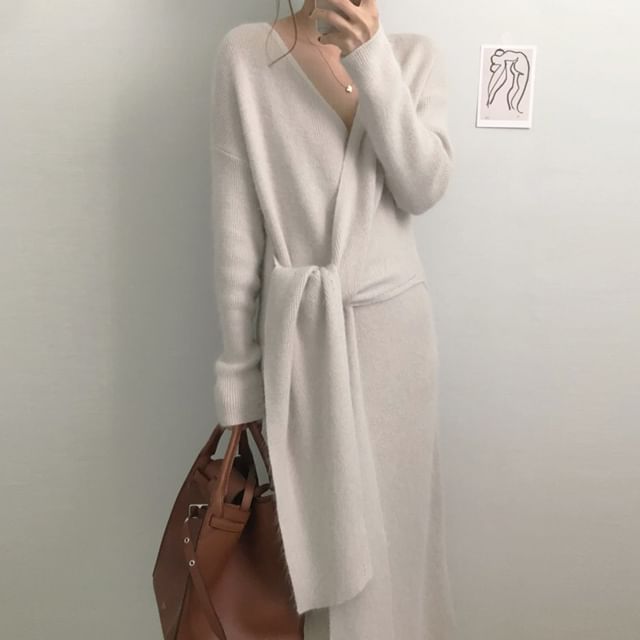 Long-Sleeve V-Neck Plain Tie Front Knit Midi A-Line Wrap Dress