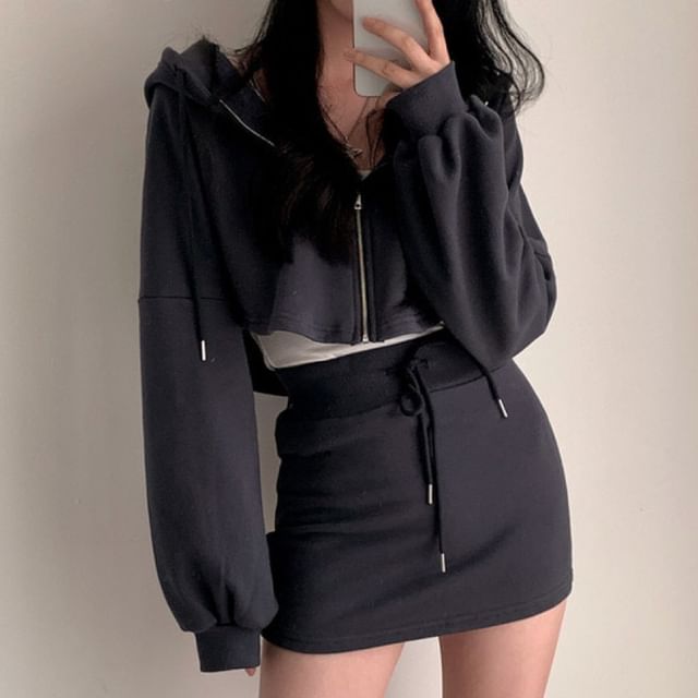 Zip Hoodie and Drawstring Pencil Skirt Set
