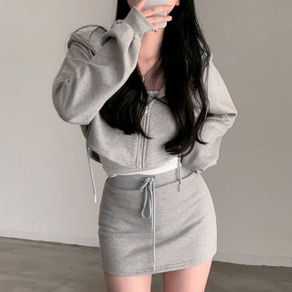 Zip Hoodie and Drawstring Pencil Skirt Set