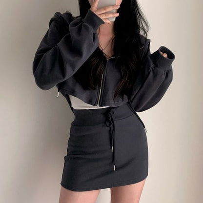 Zip Hoodie and Drawstring Pencil Skirt Set