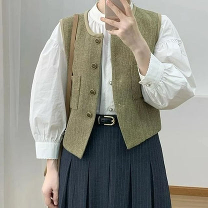 Shirt, Vest, and Pinstriped Pleated Skirt Set