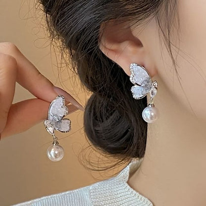 Alloy Drop Butterfly Faux Earring Crystal Pearl