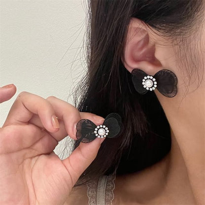 Bow Faux Earring Alloy Stud Pearl