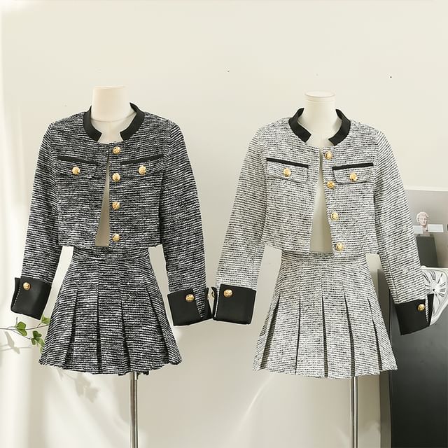 Chic Tweed Jacket and Pleated Skirt Combo