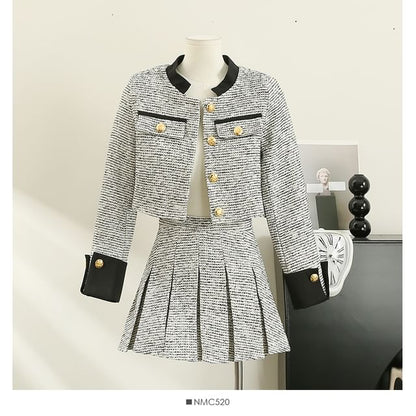 Chic Tweed Jacket and Pleated Skirt Combo