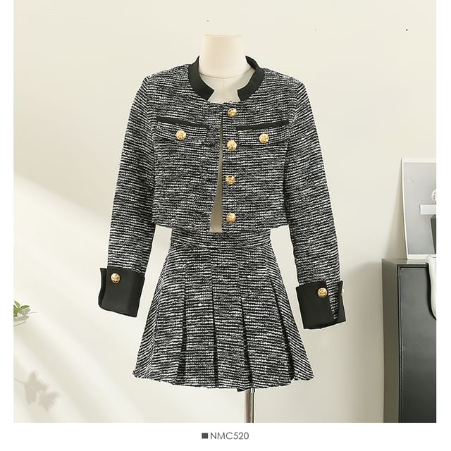 Chic Tweed Jacket and Pleated Skirt Combo