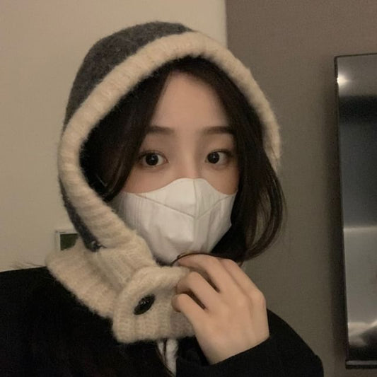 Two Tone Buttoned Knit Balaclava