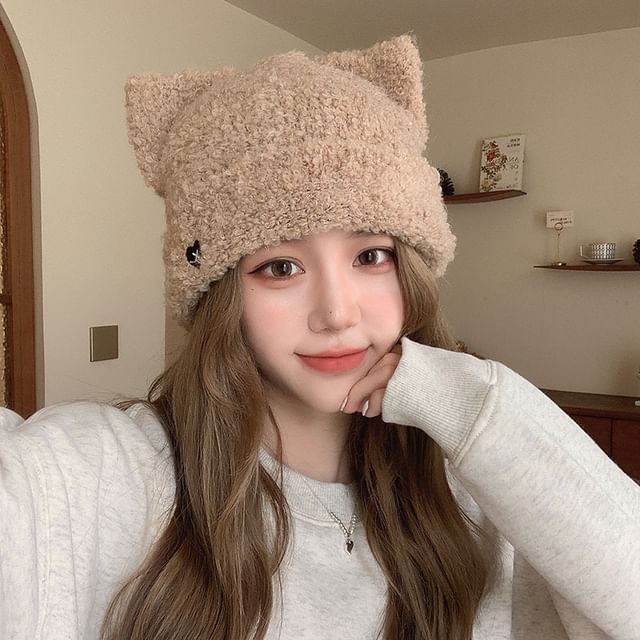 Heart Embroidered Cat Ear Knit Beanie