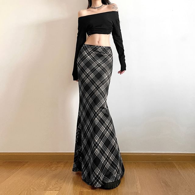 Plaid Maxi Mermaid Skirt with Low Rise