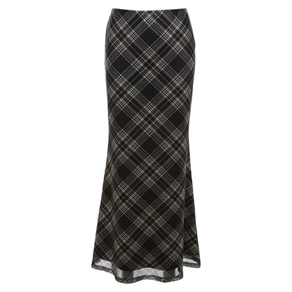 Plaid Maxi Mermaid Skirt with Low Rise