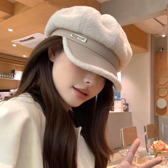 Panel Cap Fleece Leather Newsboy Faux