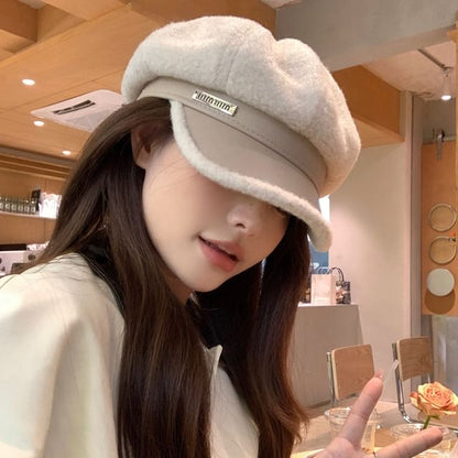 Panel Cap Fleece Leather Newsboy Faux