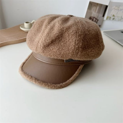 Panel Cap Fleece Leather Newsboy Faux