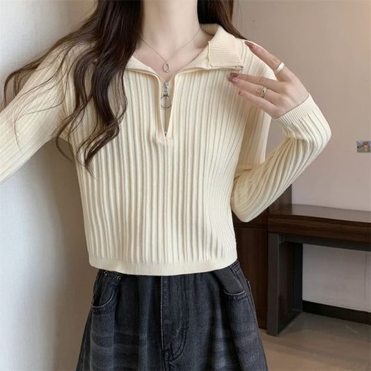 Plain Half Knit Mock-Neck Slim-Fit Long-Sleeve Top Zip