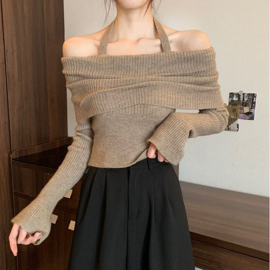 Sweater Long-Sleeve Halter Off-Shoulder