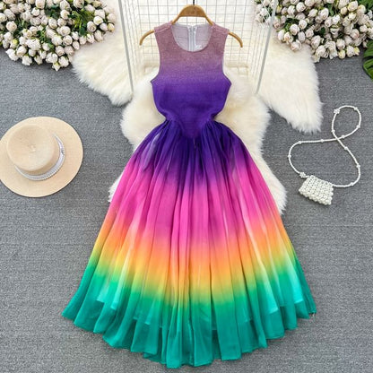 Round Neck Rainbow Gradient Tank Maxi Dress