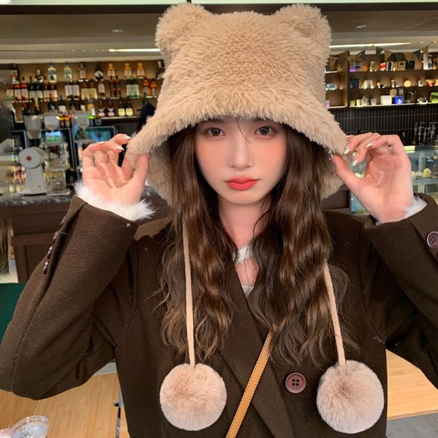 Bear Ear Pom Pom Chenille Hat