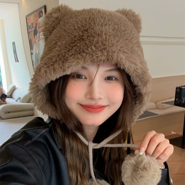 Bear Ear Pom Pom Chenille Hat