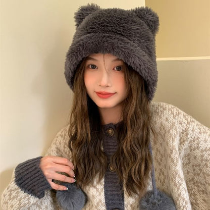 Bear Ear Pom Pom Chenille Hat