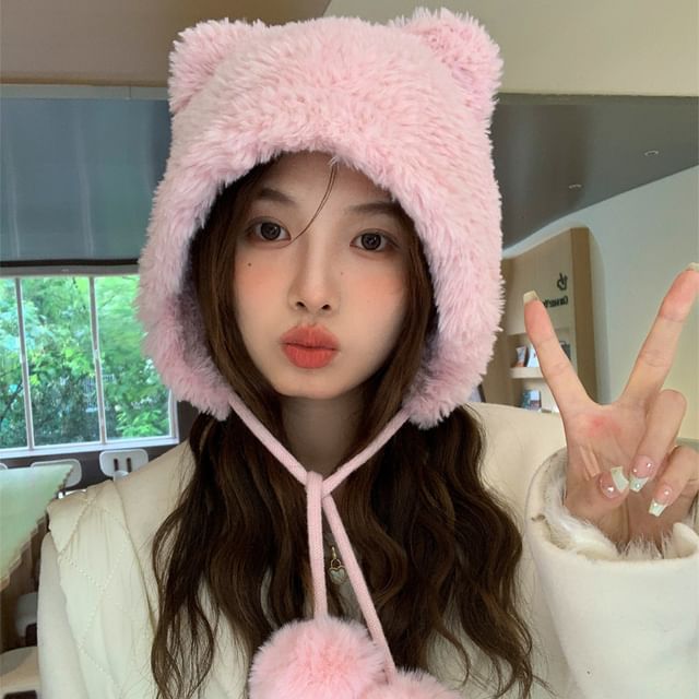Bear Ear Pom Pom Chenille Hat