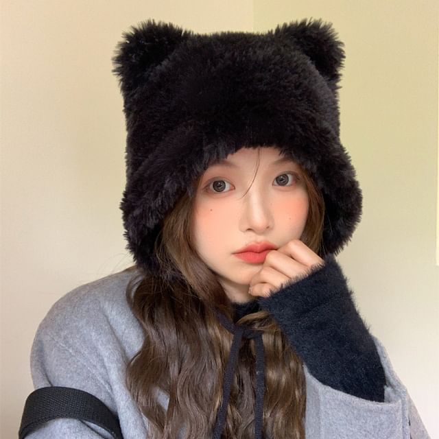 Bear Ear Pom Pom Chenille Hat