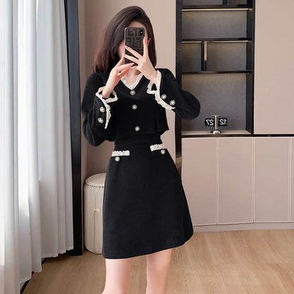 Mock Two-Piece Long-Sleeve V-Neck Lace Trim Corduroy Mini A-Line Dress