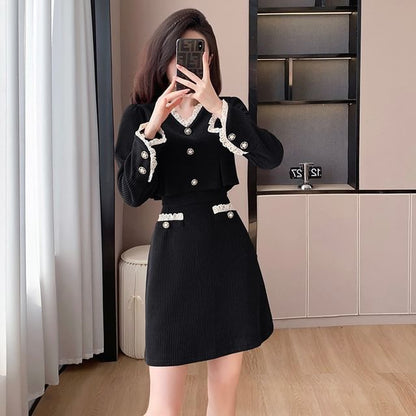 Mock Two-Piece Long-Sleeve V-Neck Lace Trim Corduroy Mini A-Line Dress