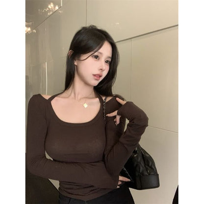 Cold-Shoulder Long-Sleeve Plain Crop T-Shirt