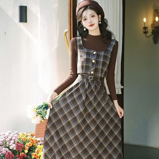 Mock Neck Plain Ribbed Sweater / Plaid Vest / High Waist Midi A-Line Skirt / Set