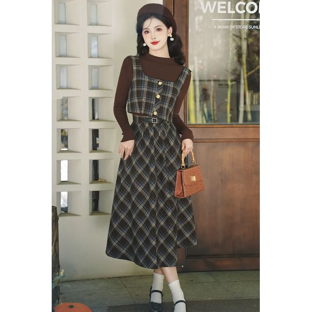 Mock Neck Plain Ribbed Sweater / Plaid Vest / High Waist Midi A-Line Skirt / Set