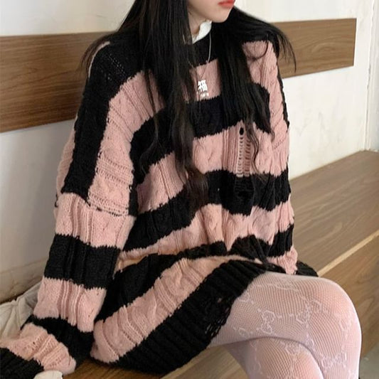 Knit Cable Sweater Distressed Striped Neck Crew