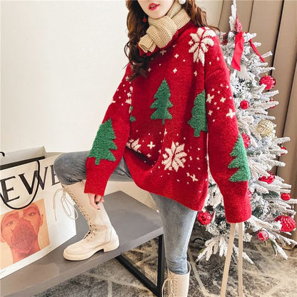 Jacquard Crew Christmas Sweater Tree Neck