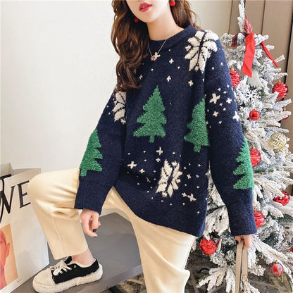 Jacquard Crew Christmas Sweater Tree Neck