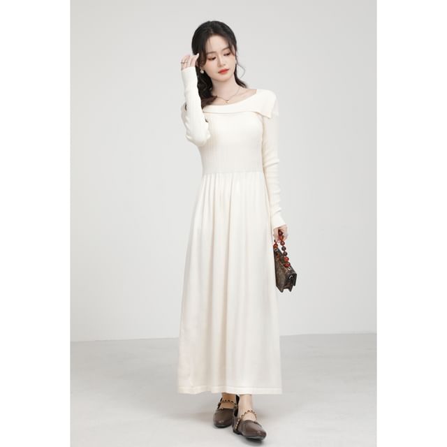 Long-Sleeve Off Shoulder Plain Maxi A-Line Dress