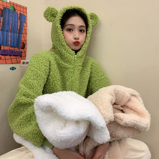 Plain Bear Ear Hood Fleece Zip Teddy Jacket