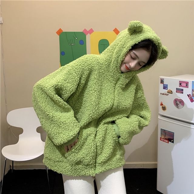 Plain Bear Ear Hood Fleece Zip Teddy Jacket
