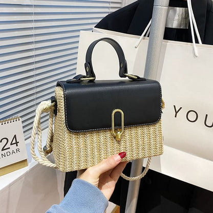 Faux Leather Panel Woven Crossbody Bag