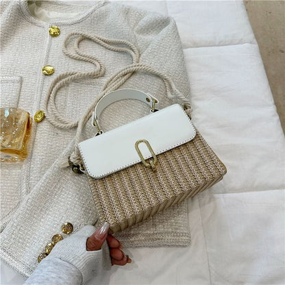 Faux Leather Panel Woven Crossbody Bag