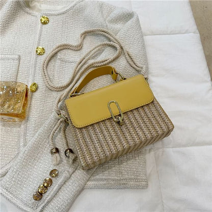 Faux Leather Panel Woven Crossbody Bag