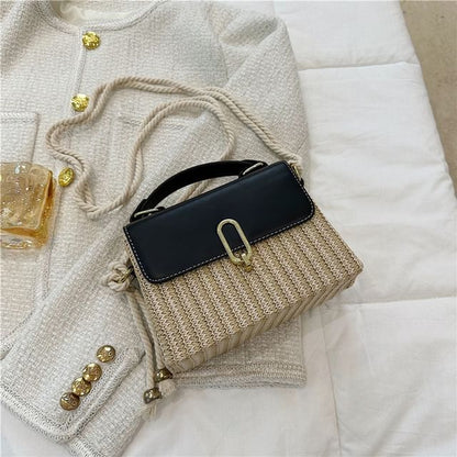 Faux Leather Panel Woven Crossbody Bag