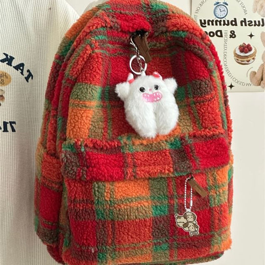 faux Shearling Plaid Backpack / Charm / Set