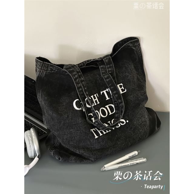 Washed Lettering Denim Tote Bag / Charm / Set