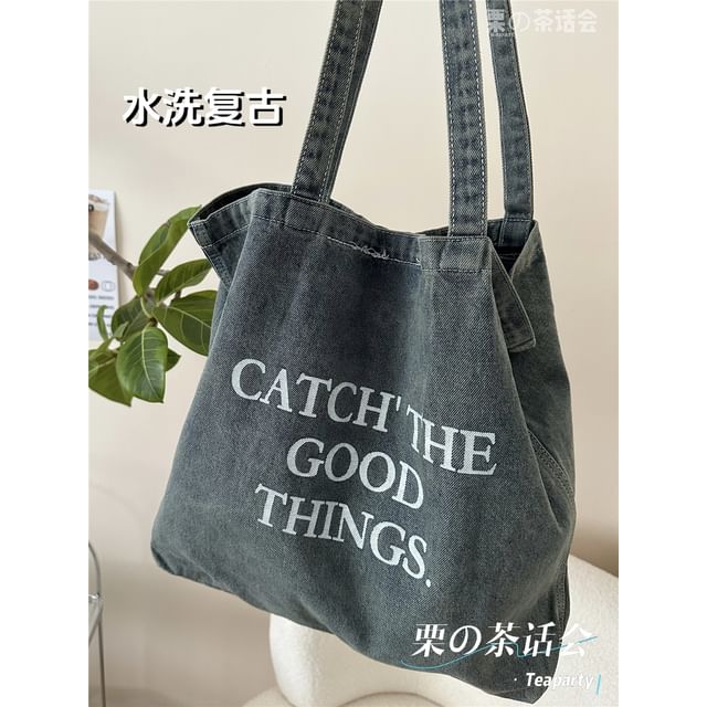 Washed Lettering Denim Tote Bag / Charm / Set