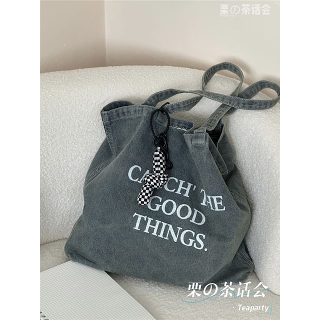 Washed Lettering Denim Tote Bag / Charm / Set