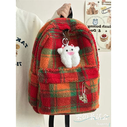 faux Shearling Plaid Backpack / Charm / Set