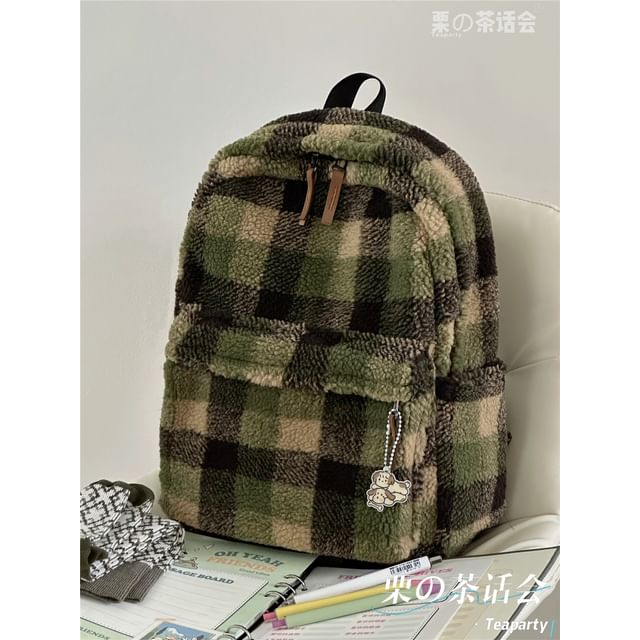 faux Shearling Plaid Backpack / Charm / Set